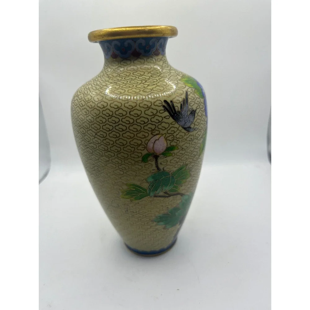 Vintage Cloisonne Vase‎ Floral Bird Design Gold Rimmed Accent Decor